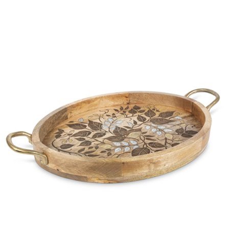THE GERSON COMPANIES Gerson 94876 Mango Wood with Laser & Metal Inlay Leaf Design Oval Tray with Gold-Tone Handles 94876